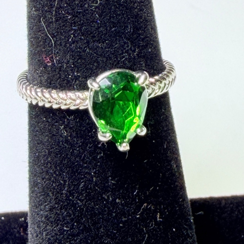 Green Pear Cut Gemstone‎ Ring Silver Tone Twisted Rope Band Size 5.5